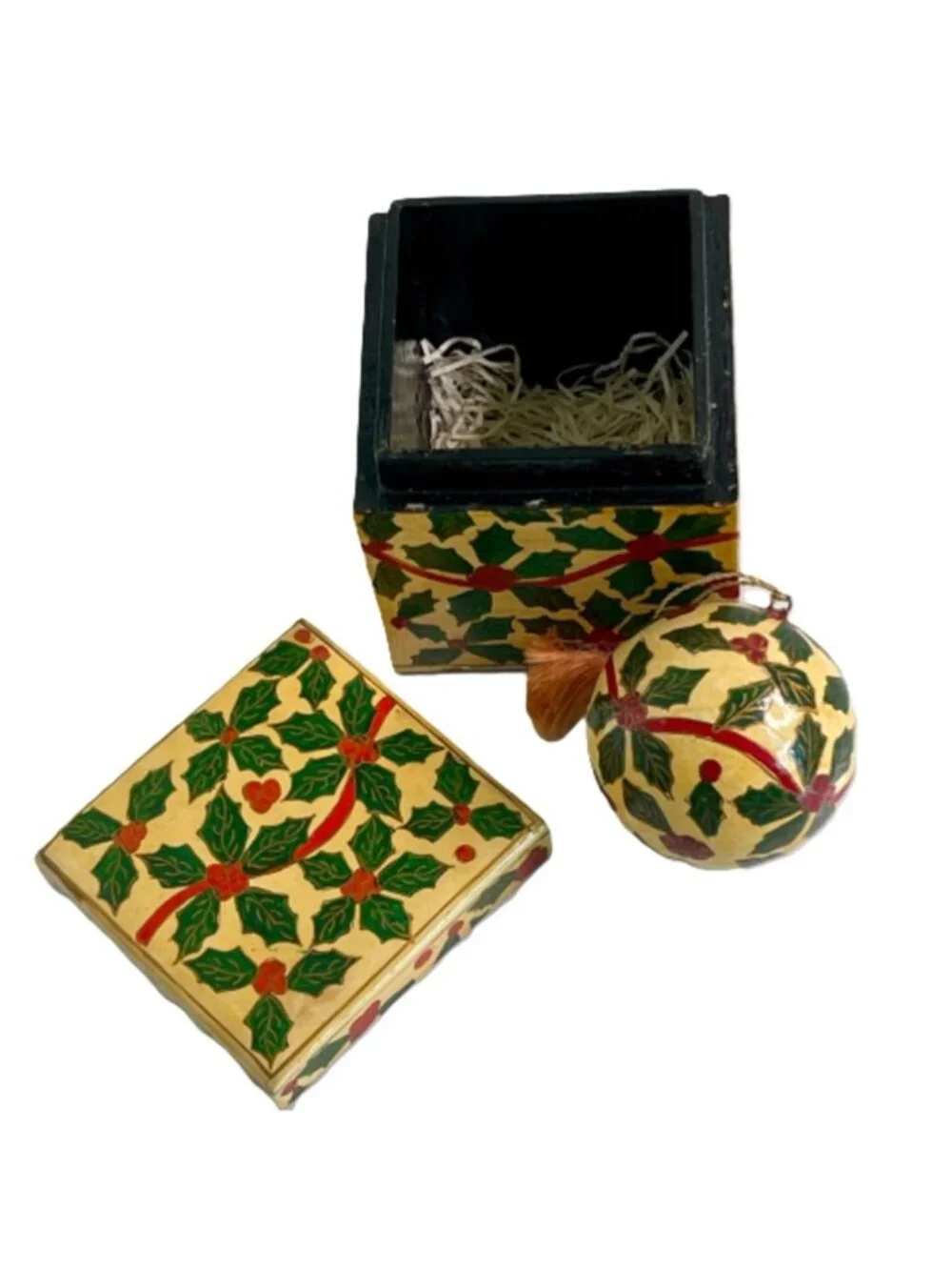 Vintage Hand Painted Wood Christmas Ornament Box Set Holy Berry Best Wishes & Co